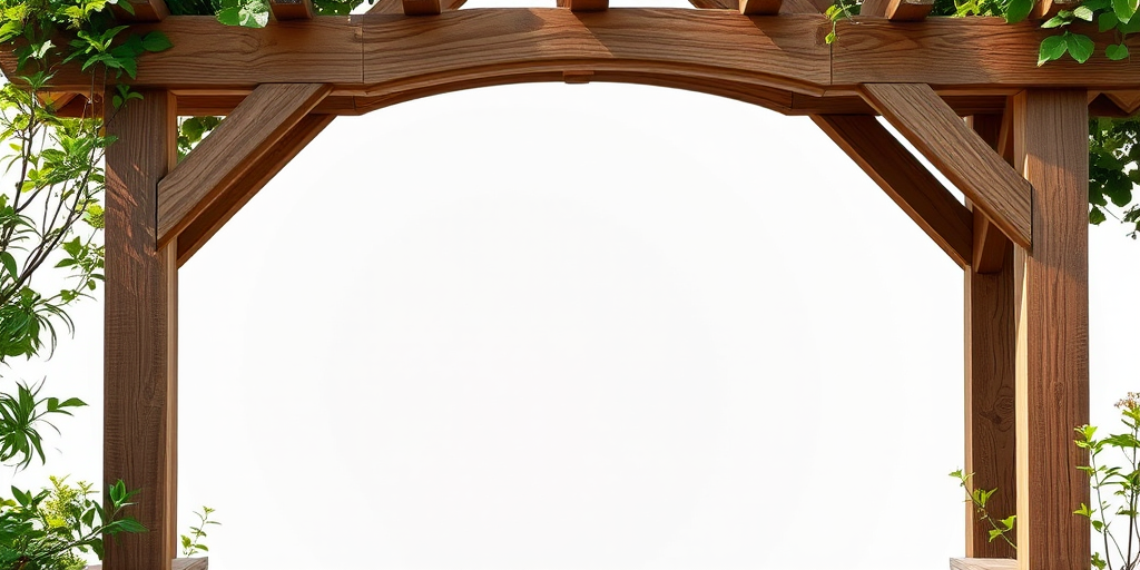 Create a high-resolution image of a wooden garden arch with intricate detailing against a transparent background, using a DSLR camera with a 50mm lens, aperture set to f/2.8 for a shallow depth of field, and a side lighting setup to enhance textures.