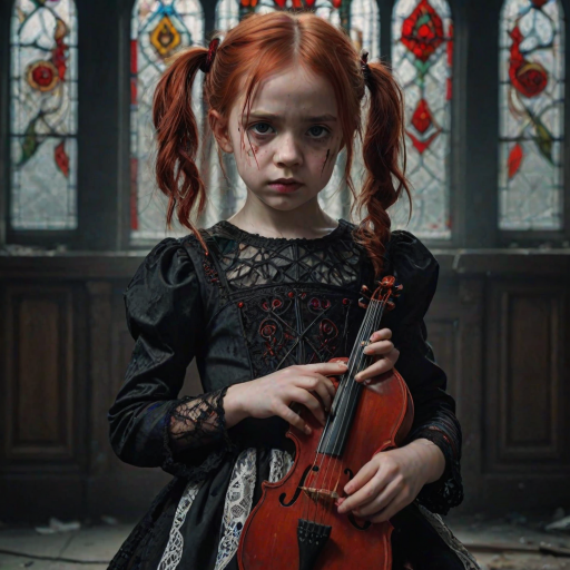 Close up realistic photo of a sad gothic little girl playing (instrument), red hair messy pigtails, black lace white dress with red detailed embroidery, abandoned gothic room with stained glass, closed eyes, horror cinematic lighting, dark fantasy, 4k, hdr,  uhd, detailed dress