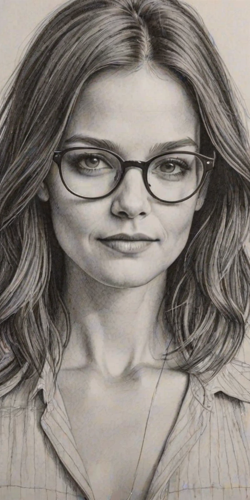 Bewitching Katie Holmes, pencil sketch, portrait of Fetching woman 1974s in glasses, hair style beatnik, outline, clear lines, fine lines, 8k