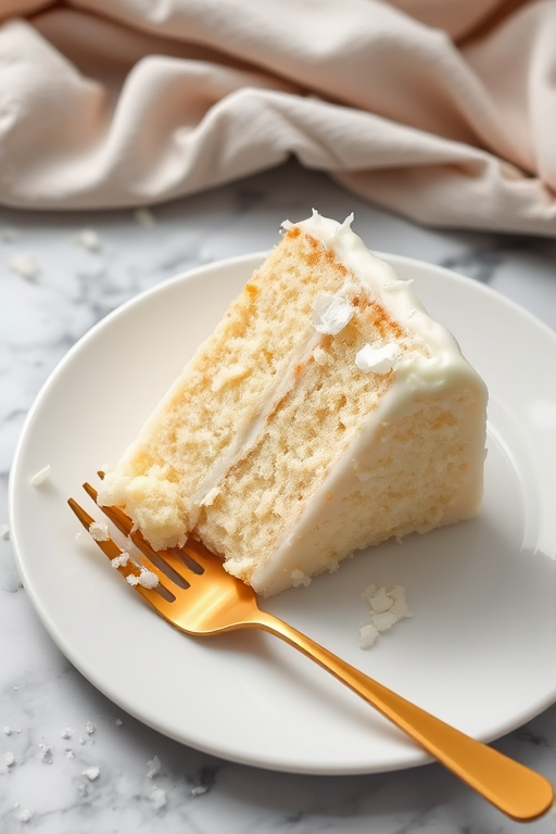 A slice of white cake with coconut flakes and frosting on a white plate accompanied by a golden fork on a marble surface with crumbs and fabric in the background.