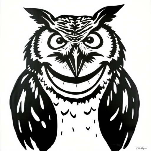 Abstract black and white acrylic portrait of an over exaggerated laughing (owl). Minimalism style. White background.
