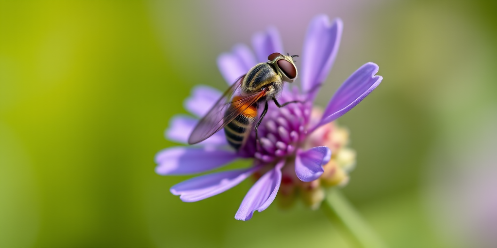 macro photograph of a fly perched on a purple flower with a blurred green background, ISO 100, f/8 aperture, 1/200 sec shutter speed, 100mm macro lens, natural lighting, shallow depth of field