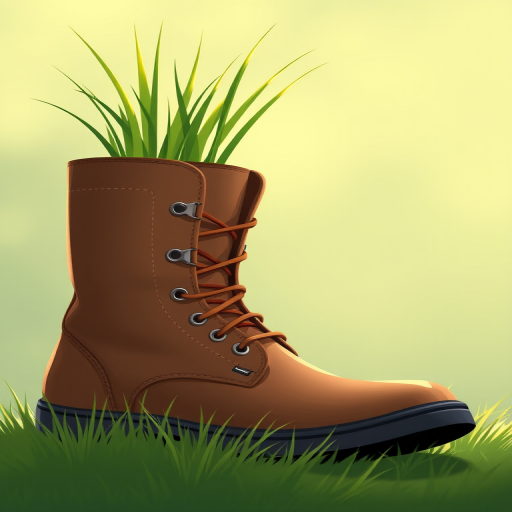 Create an illustration of a boot with grass growing out of it, shot with a 50mm lens at f/2.8, ISO 100, in natural light, featuring a clean background and a slight bokeh effect to enhance focus on the boot.