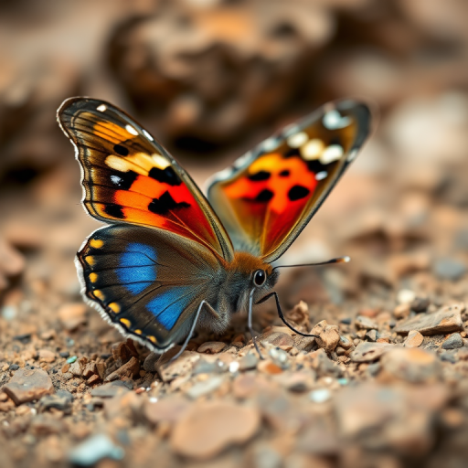 Close-up shot of a colorful butterfly on a rocky surface, taken with a Canon EOS R5, 100mm macro lens, f/8, ISO 100, 1/250s, natural light, with a shallow depth of field to emphasize details and vibrant colors.