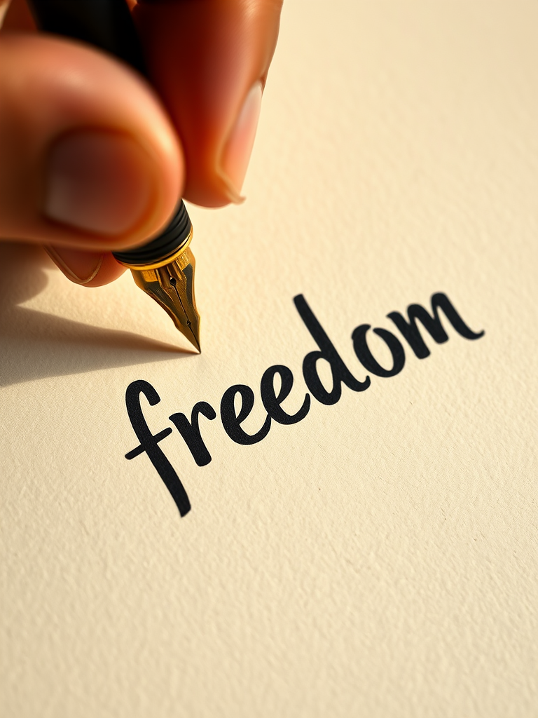 A close-up shot of a hand holding a fountain pen, carefully writing the word 'freedom' in bold black ink on textured cream-colored paper, with visible brush strokes in the background, captured with a Canon EOS R5 at f/2.8, ISO 100, 50mm lens, in natural lighting for soft shadows and rich detail.