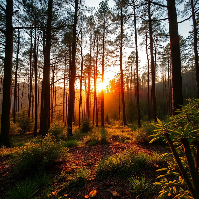 Generate an image of a serene forest landscape during golden hour with a wide-angle view, using a DSLR camera set to f/8 aperture, ISO 200, and a shutter speed of 1/125 seconds for enhanced clarity and depth.