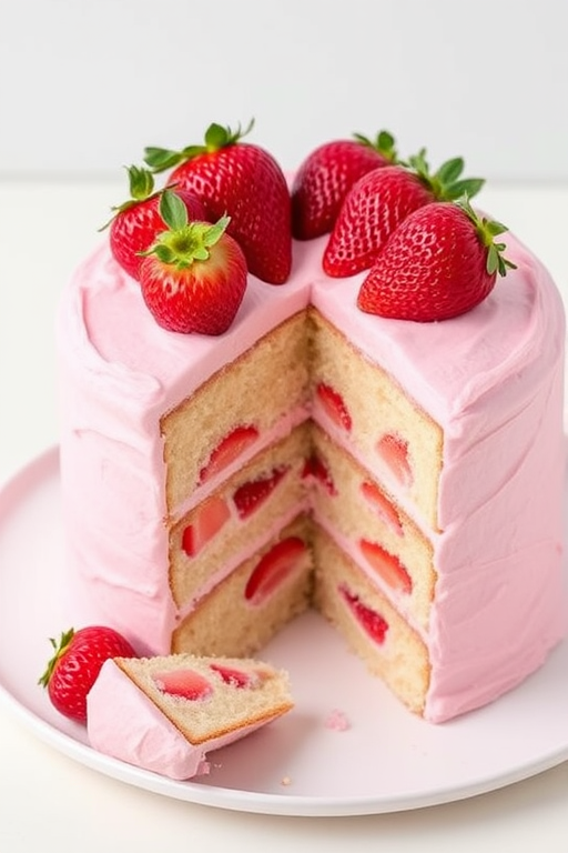 A beautifully decorated layered cake with fresh strawberries on top and a creamy pink frosting, showcasing a slice removed to reveal the fluffy interior filled with strawberry pieces, set on a white plate against a light background.