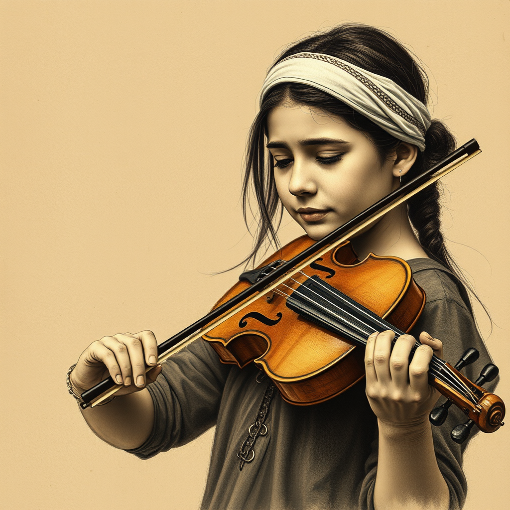 a young Mapuche woman with a white headband playing a violin, in the style of a charcoal drawing, sepia grunge background