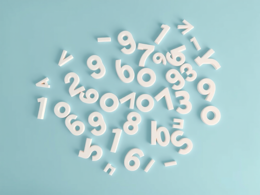create a high-resolution image of scattered three-dimensional white numbers on a soft blue background with a focal length of 35mm, aperture f/8, ISO 100, shot from a top-down viewpoint using a DSLR camera