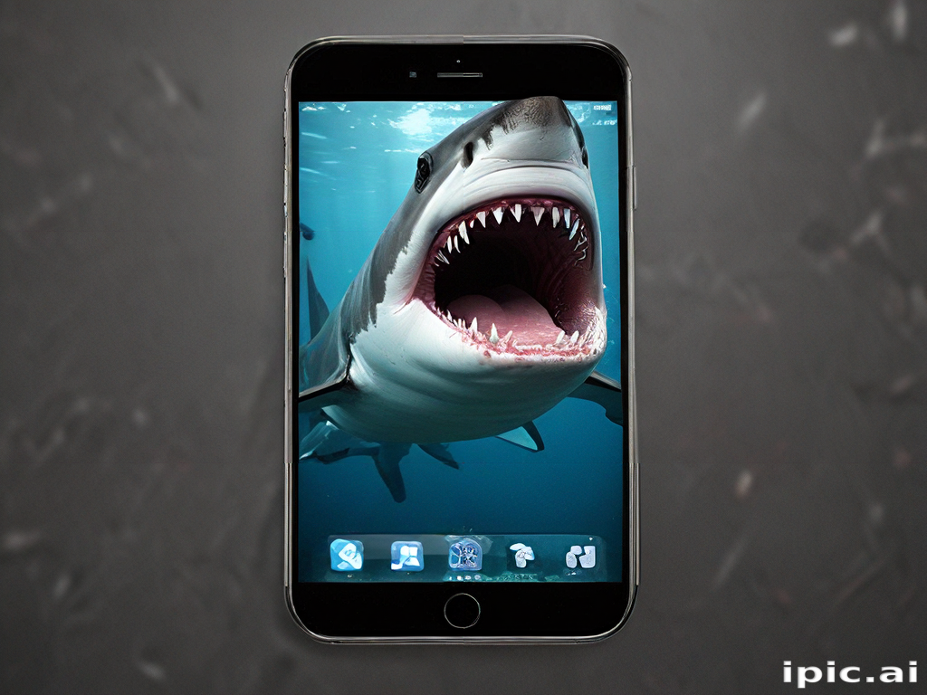 Shark Using Phone Smartphone Wallpaper Featuring a Fearsome Shark Underwater with Open Mouth