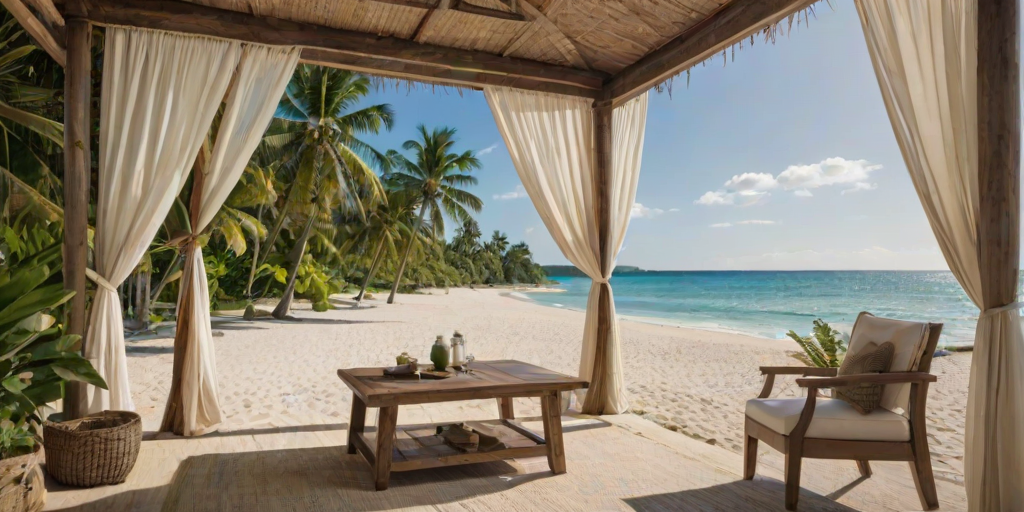 Create a picturesque tropical beach scene featuring a serene, white sandy shore. In the foreground, there's a rustic wooden canopy with white drapes gently flowing in the breeze. Underneath the canopy, a table is set with tropical decor, evoking a sense of relaxation and leisure. The beach extends into a calm, shallow water area with reflections of the sky and surroundings. Palm trees and lush greenery line the edge of the beach, providing a natural, tropical backdrop. The sky is clear with a few scattered clouds, and the overall atmosphere is tranquil and inviting, perfect for a peaceful retreat.