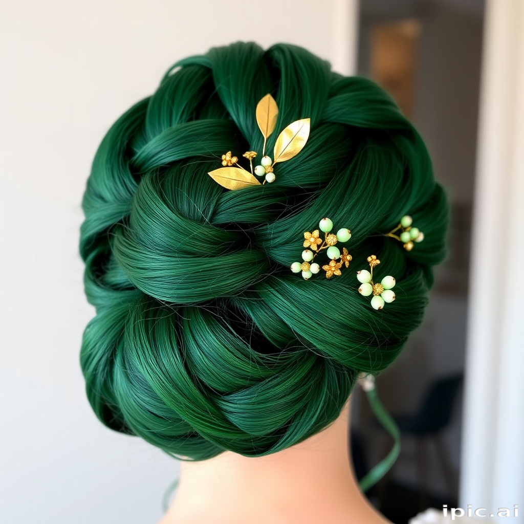 Regal Emerald Green Updo styled into an intricate braided bun, adorned with delicate gold leaf accents and tiny emerald-hued flowers for a majestic appearance