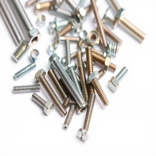 Generate a high-resolution image of various metallic screws and bolts arranged artistically on a white background, using a DSLR camera with a 50mm lens, aperture f/2.8, ISO 100, and soft diffused lighting for enhanced clarity and detail.