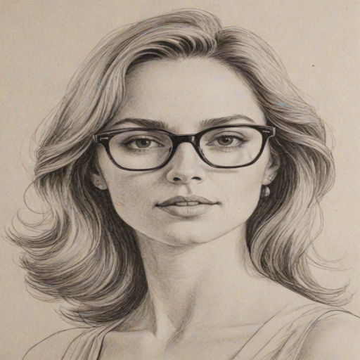 Splendid Jordana Spiro, pencil sketch, portrait of Graceful woman 1974s in glasses, hair style beatnik, outline, clear lines, fine lines, 8k