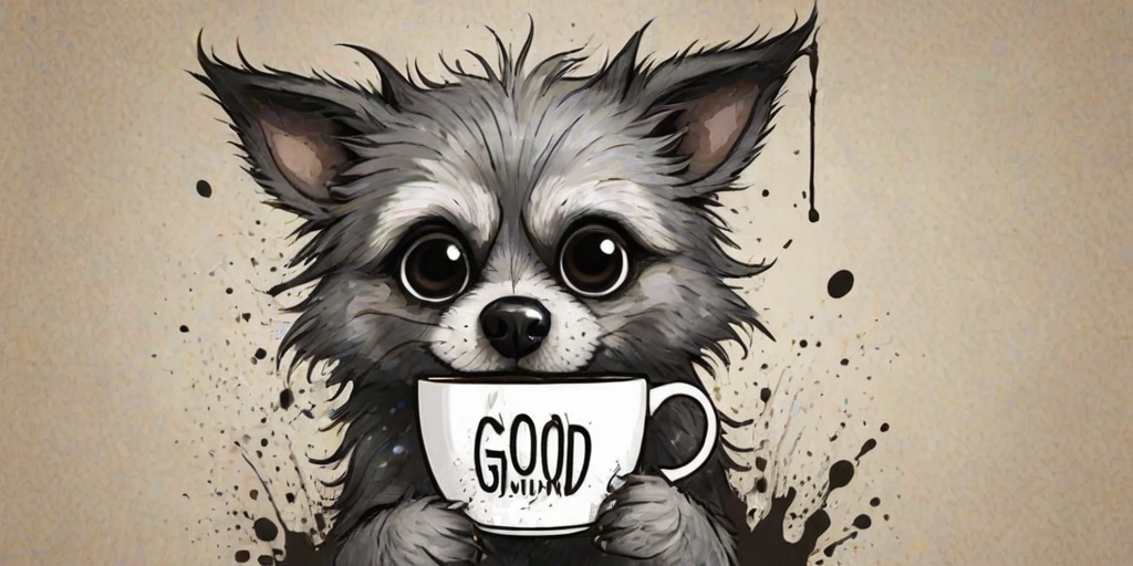 A quirky, artistic illustration of a disheveled bossie dog breed with exaggerated, large eyes and spiky fur, holding a coffee mug that reads "Good Morning". The dog has a tired but humorous expression, with ink splatters and abstract details surrounding it, giving a whimsical feel to the image. The color palette is mostly monochrome with hints of black in the eyes and steam rising from the mug, enhancing the overall sleepy vibe