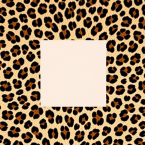 Create an image of a leopard print background with a blank square in the center, use a DSLR camera with a 50mm lens, f/1.8 aperture, ISO 100, and natural light, with a top-down view for enhanced clarity and detail.