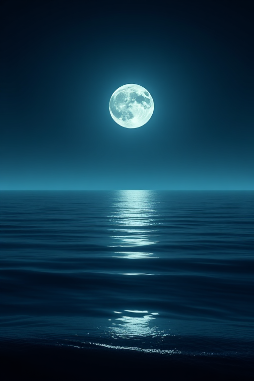 high-resolution image of a serene moonlit ocean scene with a large, soft-edged moon reflecting on calm waters, captured with a DSLR camera at f/8, ISO 100, 1/60s shutter speed, wide-angle lens at 24mm, twilight setting with smooth gradients in the sky and gentle waves.