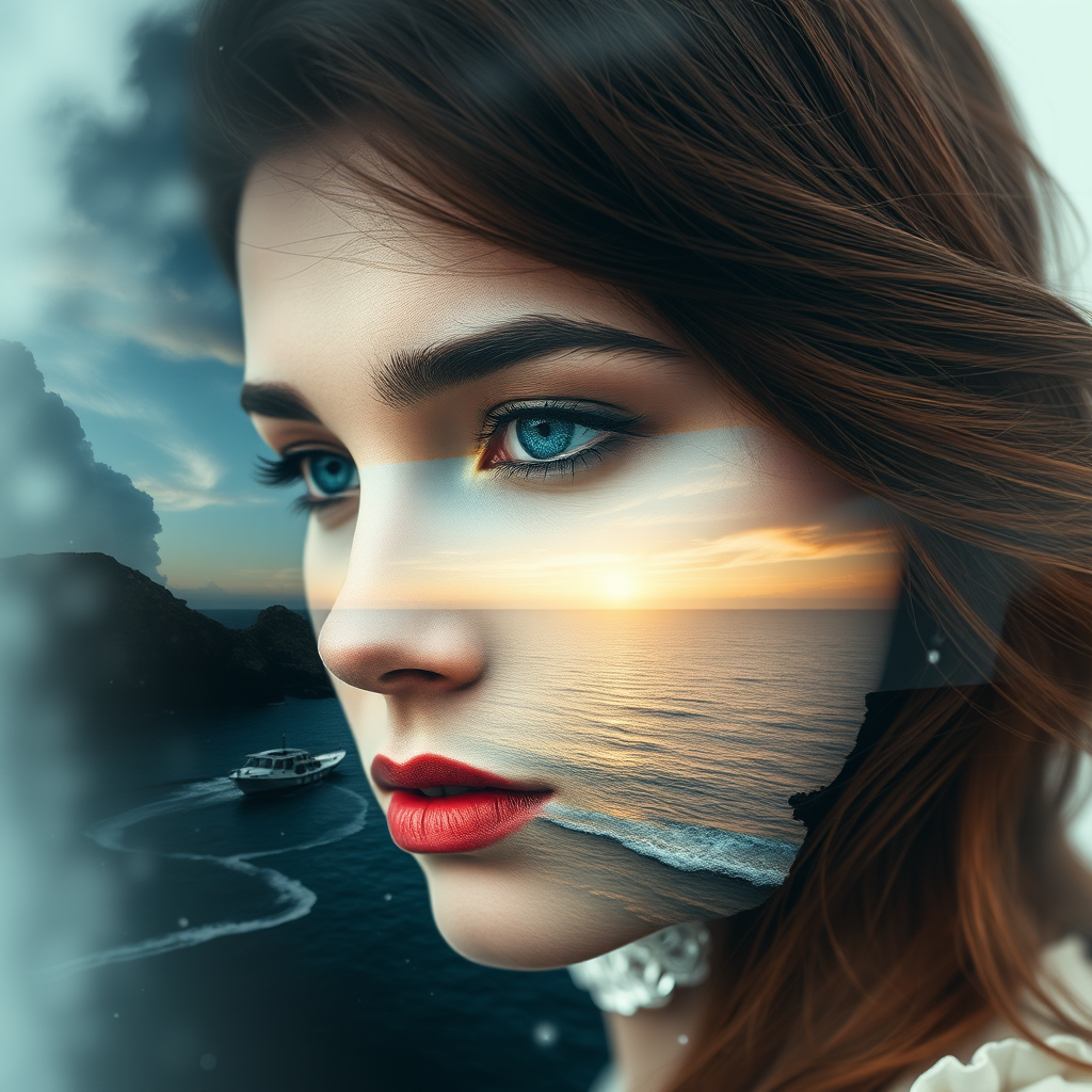 this photo is Book cover, A surreal double exposure portrait that blends a woman's face with a beautiful seascape. The overall mood is dreamy and mystical, with rich colors and intricate details