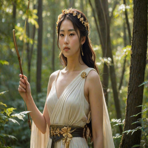 Create a portrait of a goddess-like Japanese girl figure in a tranquil, forested environment. She has an elegant appearance with long, wavy hair styled in an updo and adorned with a delicate, floral headband. She wears a flowing, ancient Greek-inspired gown in a soft, pale color, featuring a one-shoulder design and draped fabric that accentuates her graceful form. The outfit includes a decorative belt with ornate gold detailing, and she holds a bow in her hand, with a quiver of arrows slung over her shoulder. The background depicts lush greenery, with sunlight filtering through the trees, casting a gentle, ethereal light on the scene. Her expression is calm and contemplative, embodying a sense of wisdom and serenity.