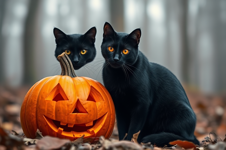 Create a high-resolution image of a black cat with striking orange eyes sitting next to a carved pumpkin in a foggy forest setting, using a DSLR camera with a 50mm lens, f/1.8 aperture, ISO 100, and a shallow depth of field to enhance focus on the cat and pumpkin while softening the background.