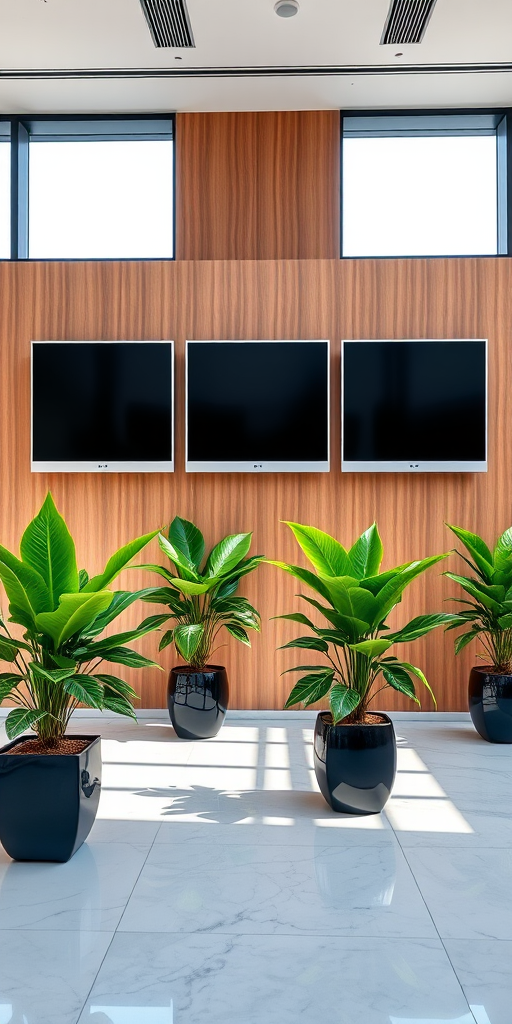 Create a modern office interior with three large screens mounted on a wooden wall, lush green plants in black pots on shiny marble floors, natural light streaming through large windows, camera settings: f/8, ISO 100, shutter speed 1/60, camera view: wide-angle, camera style: contemporary, camera type: DSLR.