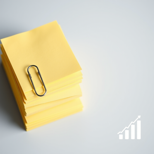 Create a high-resolution image of a stack of yellow sticky notes with a paperclip on the left side, featuring a subtle growth chart icon in the bottom right corner, captured with a DSLR camera at 50mm focal length, f/2.8 aperture, ISO 100, top-down view with soft lighting to enhance details and colors.