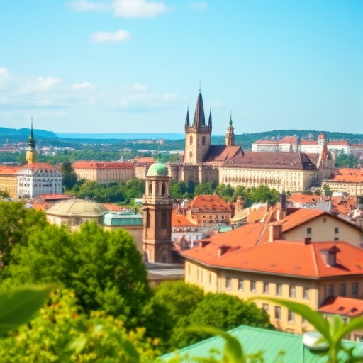 Capture a panoramic view of Prague with the iconic Prague Castle in the background, using a DSLR camera at 24mm, aperture f/8 for depth of field, ISO 100 for clarity, and a polarizing filter to enhance colors and reduce glare.