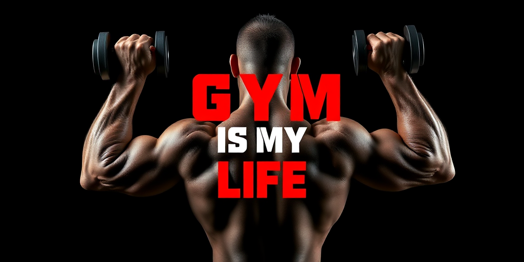 Create a high-resolution image of a muscular figure lifting weights, with bold text reading "GYM IS MY LIFE" in dynamic red and white colors against a black background, captured with a Canon EOS R5, 24-70mm lens, f/2.8 aperture, ISO 100, shot in high contrast portrait mode for dramatic effect.