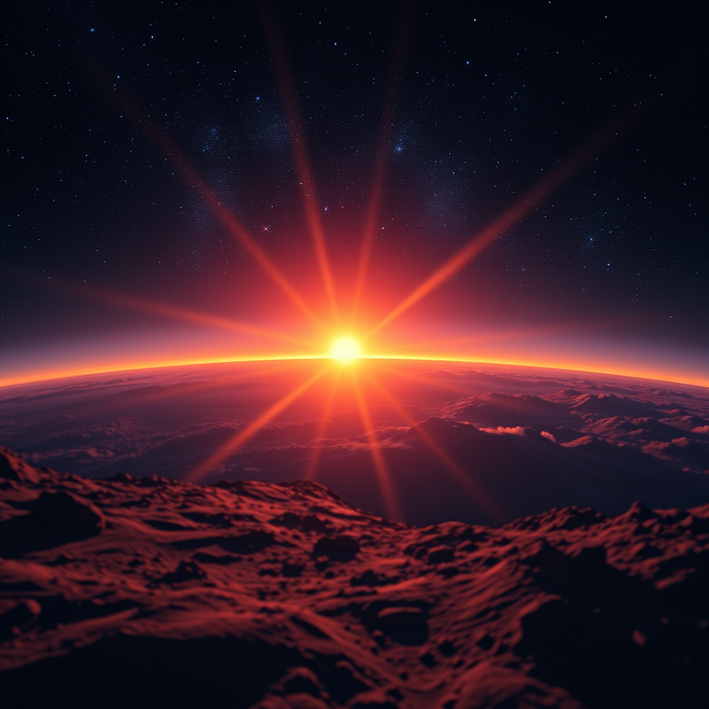 Create a high-resolution image of a cosmic scene featuring a vibrant sunset on a distant planet, captured with a Canon EOS R5, 24mm lens, f/2.8 aperture, ISO 100, with a wide-angle view to emphasize the horizon and radiant sunbeams, using a soft focus style for a dreamy atmosphere.