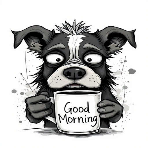 A quirky, artistic illustration of a disheveled bull arab dog breed with exaggerated, large eyes and spiky fur, holding a coffee mug that reads "Good Morning". The dog has a tired but humorous expression, with ink splatters and abstract details surrounding it, giving a whimsical feel to the image. The color palette is mostly monochrome with hints of white in the eyes and steam rising from the mug, enhancing the overall sleepy vibe
