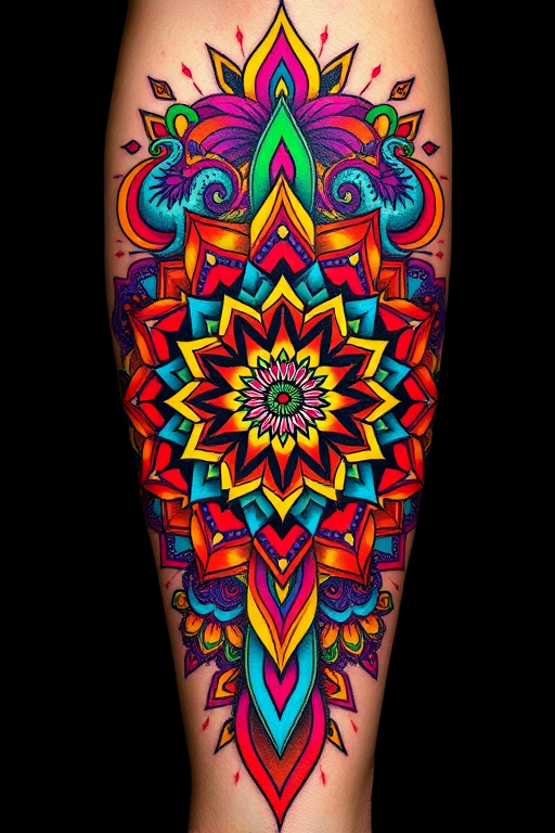 Psychedelic tattoo inspired by 1960s artwork, kaleidoscopic patterns and vibrant neon colors, optical illusions and trippy visual effects, mind-bending and mesmerizing design