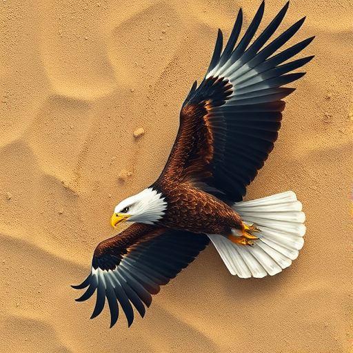Create a detailed illustration of an eagle in flight with a textured sandy background, using a DSLR camera with a 50mm lens, aperture f/1.8, shutter speed 1/250s, ISO 200, top-down view, high dynamic range style for enhanced clarity and colors.