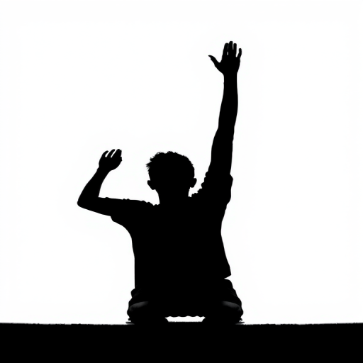 Create a high-contrast silhouette of a person kneeling with arms raised, captured with a Canon EOS R5, 50mm lens, f/1.8 aperture, ISO 100, utilizing natural lighting for a sharp and dramatic effect against a white background.