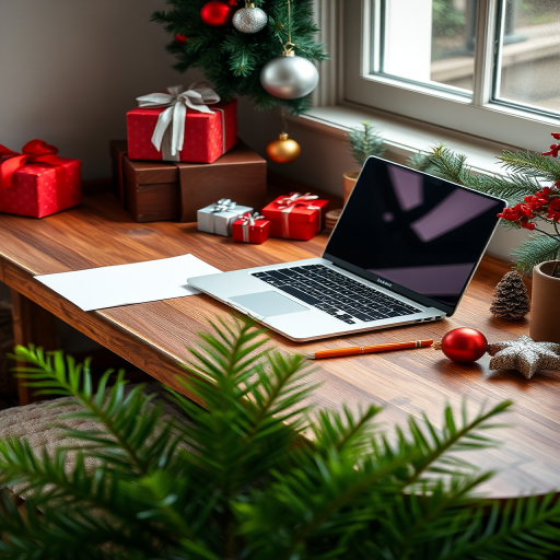 Create a cozy workspace scene with a wooden table and a laptop on it, festive decorations like red and silver gift boxes, ornaments, and a green plant in the foreground, shot with a Canon EOS R5, 50mm lens, f/2.8 aperture, 1/125 sec shutter speed, ISO 200, natural lighting.