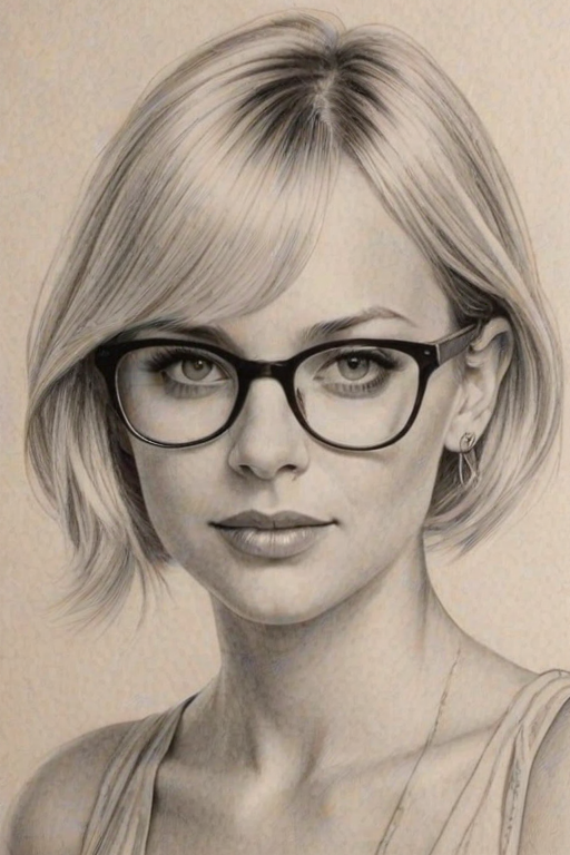 Superb Anna Faris, pencil sketch, portrait of Fascinating woman 1935s in glasses, hair style beatnik, outline, clear lines, fine lines, 8k