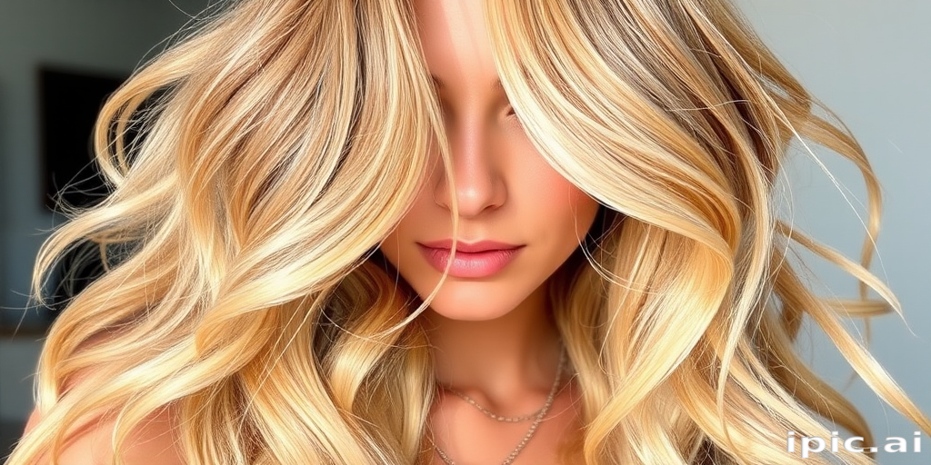 Luminous honey blonde beach waves with sun-kissed highlights, crafted by Sandy Shore, exhibiting a natural, effortless look with soft tendrils framing the face and subtle lowlights for depth
