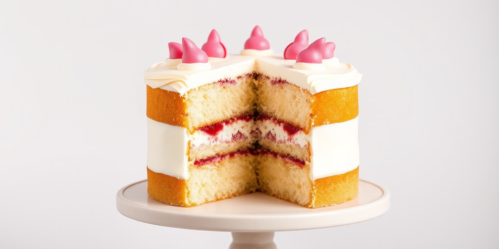 A beautifully layered cake with a light yellow sponge visible in the center, filled with raspberry jam and frosted with creamy white icing, adorned with pink and red decorative elements on top, placed on a simple round cake stand against a neutral background.