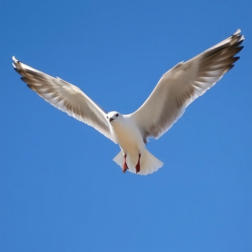 a seagull in mid-flight with wings spread wide against a clear blue sky, taken with a DSLR camera, 200mm lens, f/5.6 aperture, 1/1000s shutter speed, ISO 200, shot from below to emphasize wingspan and details of feathers, vibrant colors and sharp focus.