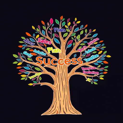 Create an illustrated tree representing success with colorful words like 'Sales', 'Plan', 'Goals', and 'Innovation' among the branches, shot with a DSLR camera at f/4, ISO 100, 50mm lens, with a wide view, and soft lighting to enhance the image quality.