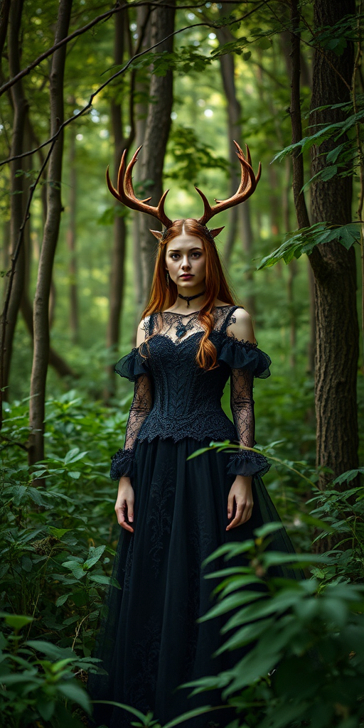 Regenerate the image of a mystical forest with a female character wearing a dark, ornate dress and antlers, standing among lush foliage, captured with a Canon EOS R5, 50mm lens, f/1.8 aperture, ISO 100, natural lighting, and a slightly low angle view for a whimsical effect.