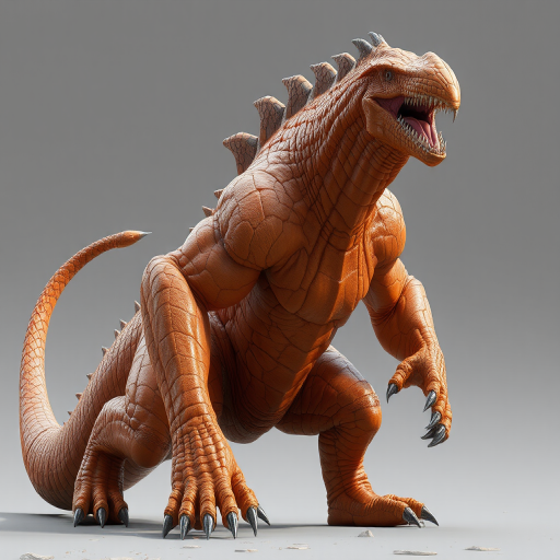orange skin resembling stone or armor plates. Its head is triangular and elongated, rippling muscles with deep, humanoid figure, suggesting a blend of stone and steel textures. The scales have sharp, clawed feet and has a muscular, its body crouched low and ready to charge or attack. It has a muscular, displaying a powerful, This is a highly detailed digital CGI rendering of an enormous