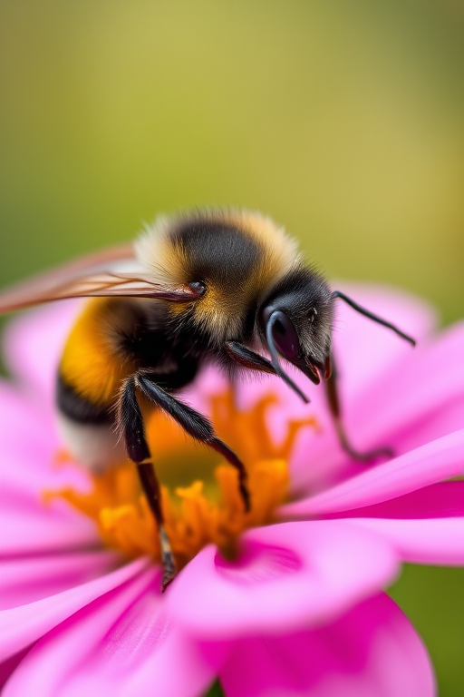 detailed close-up of a bumblebee on a soft pink flower, shallow depth of field, natural light, f-stop 2.8, ISO 100, 85mm macro lens, 1/200 sec shutter speed, soft focus background, vibrant colors