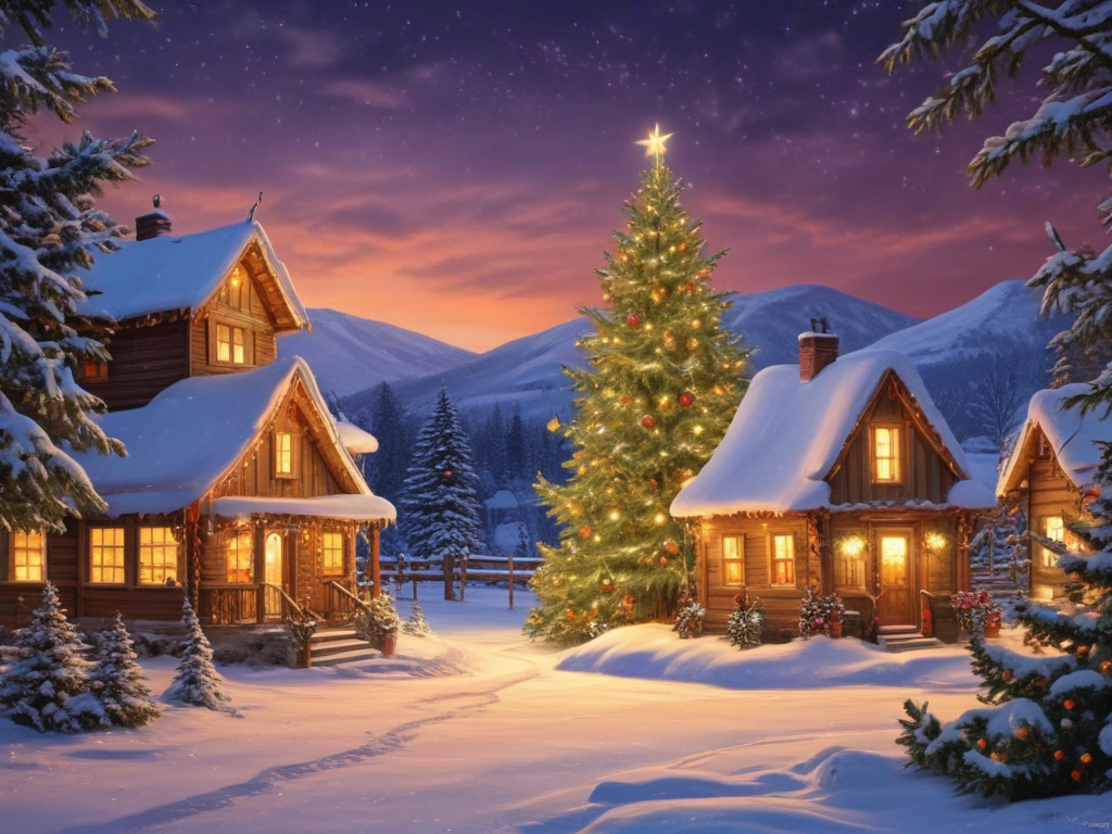 Cozy Winter Scene with Snow-Covered Cabins and a Festive Christmas Tree