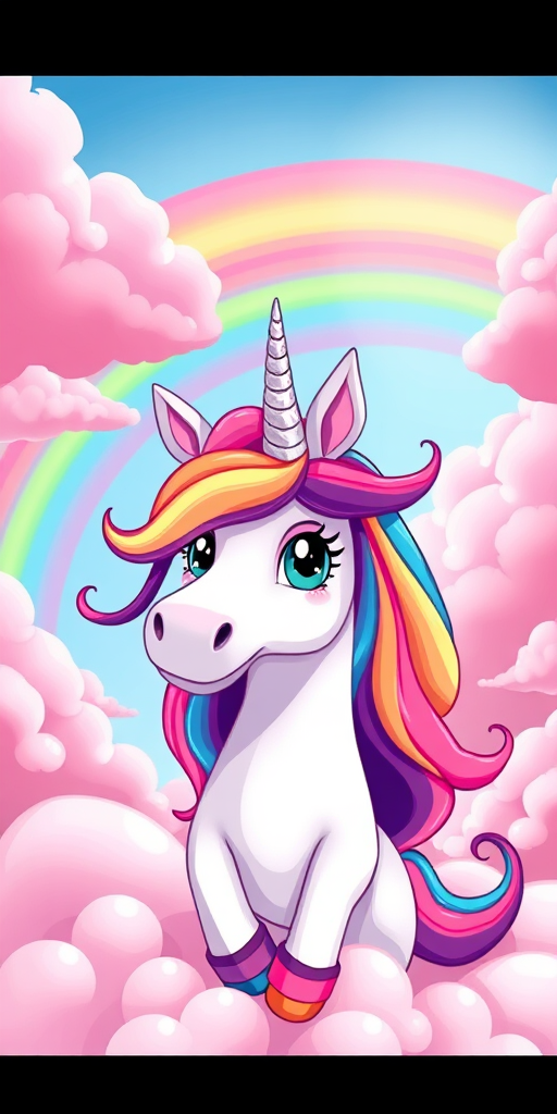Create a vibrant cartoon-style image of a unicorn with flowing multicolored mane and a shimmering horn, surrounded by fluffy pink clouds and a bright rainbow, captured with a DSLR camera, wide-angle lens, f/2.8 aperture, ISO 100, at a slightly elevated angle for a whimsical effect.