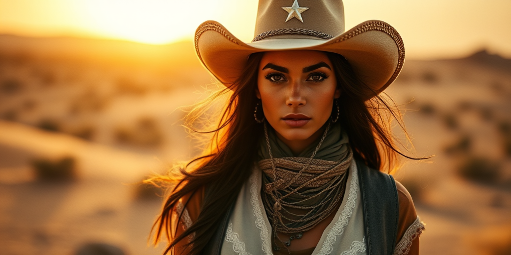 Dramatic photo of a beautiful Coptic woman, classic cowboy attire, confident and free spirit expression, half-length portrait, centered, golden hour desert landscape, warm, diffused light, low angle, medium format film camera, in style of Annie Leibovitz.