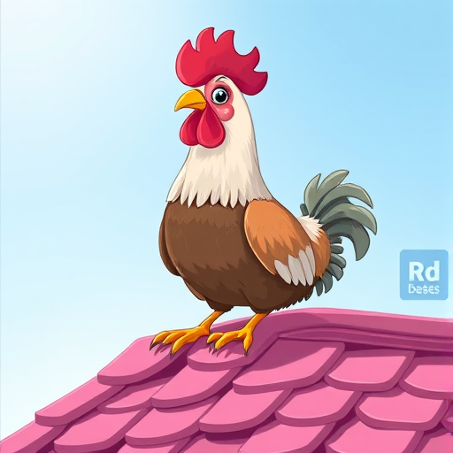 Create a vibrant cartoon-style illustration of a chicken perched on a roof with pink shingles against a soft blue background, shot with a Canon EOS R5 at f/4, 1/200s, ISO 100, with a shallow depth of field for enhanced color saturation and detail.
