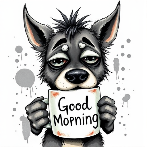 A quirky, artistic illustration of a disheveled bull arab dog breed with exaggerated, large eyes and spiky fur, holding a coffee mug that reads "Good Morning". The dog has a tired but humorous expression, with ink splatters and abstract details surrounding it, giving a whimsical feel to the image. The color palette is mostly monochrome with hints of white in the eyes and steam rising from the mug, enhancing the overall sleepy vibe