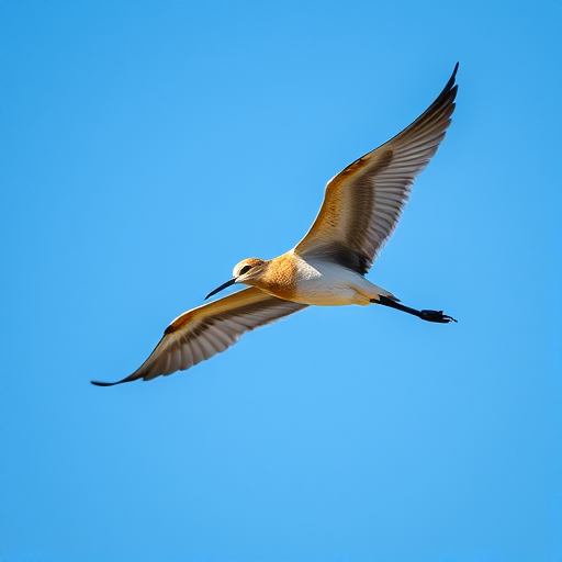 Capture a black-tailed godwit in mid-flight against a clear blue sky using a DSLR camera with a 300mm lens, aperture set to f/5.6, shutter speed at 1/1000s, ISO 200, in natural daylight, ensuring a sharp focus on the bird with a blurred background for depth.