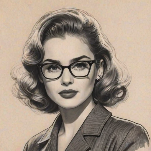 Fetching Zoe Deutch, pencil sketch, portrait of Sublime woman 1950s in glasses, hair style beatnik, outline, clear lines, fine lines, 8k