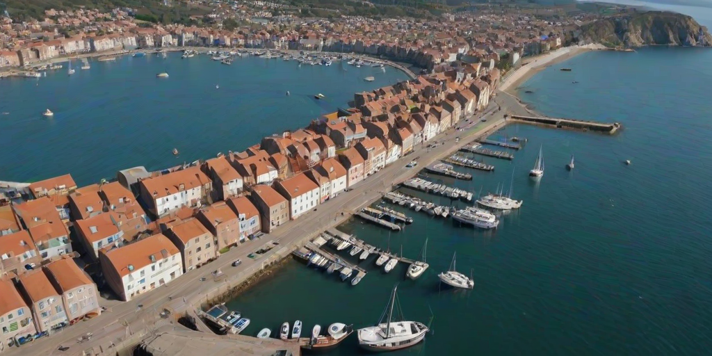 aerial view of a coastal town with brick buildings and a clear blue sea, capturing the unique layout of narrow streets and rooftops, sunny weather, boats parked in the harbor